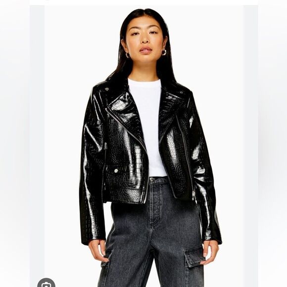 Topshop Croc Embossed Faux Leather Jacket - Picture 1 of 8